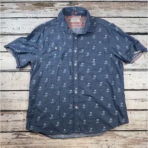 7 Diamonds Shirt Mens Large Blue Palm Tree Hawaiian‎ S/S Preppy Dressy Classy